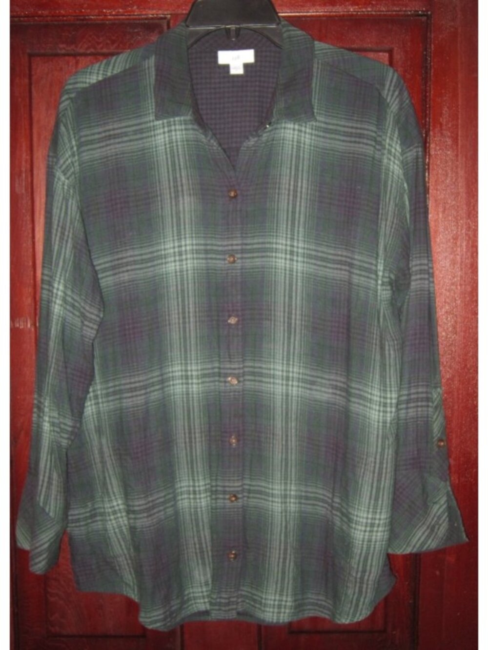 J. Jill M Tunic Shirt Top Blouse Button Plaid Double Cloth Pockets Long Green